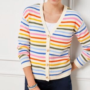 TALBOTS Ribbed V-neck 100% Cotton Multi Stripe Colorful Cardigan/sweater!